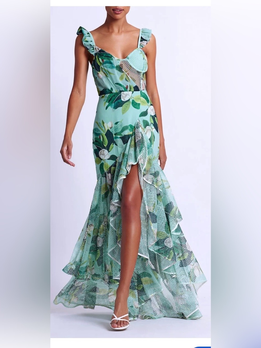 PatBO Floral Ruffle Mesh Maxi Dress Green Size 2 / 34